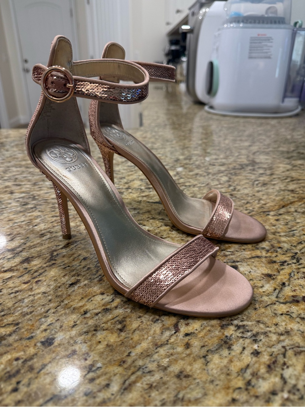 Guess Metallic Rosegold Ankle-Strap Stiletto Sandals